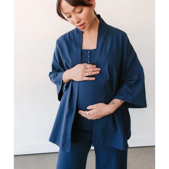 Storq Navy Belted Wide Sleeve Kimono Cardigan Sweater Maternity Small Lounge - Picture 1 of 9